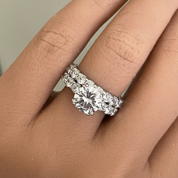 2.00ct Round CZ Engagement and Wedding Band Set, Eternity Band Sterling Silver - Picture 6 of 8